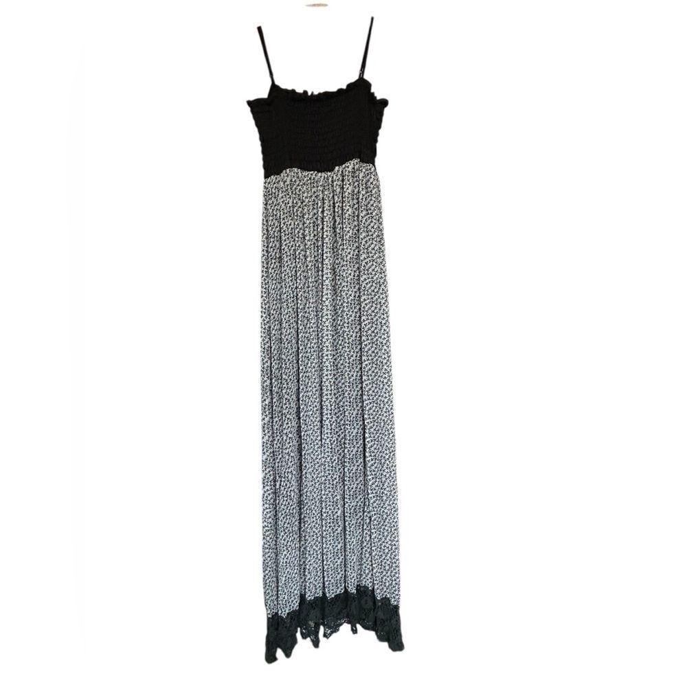 Splash Floral Lace Hem Spaghetti strap Shirred Bodice Sheer Maxi Dress M